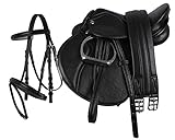 QHP Pony Sattel-Set Leder Sattel 13' Sattelgurt Steigbügel + kombinierte Trense (schwarz)