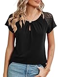 Sofia's Choice Kurzarm Damen Spitzen T Shirt Rundhals Elegant Oberteile Sommer Top Schwarz L