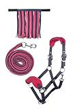 HKM Halfter mit Strick Karabiner & Fliegenfransen, grau/pink, Pony