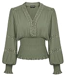 Damen Frühling Retro Shirt Gesmokt Taille Spitze Patchwork Renaissance Oberteile Hellgrau Grün XL