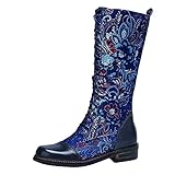 LINLINU Damen Reitstiefel Hohl Totem Bestickte mit Schnürsenkel Langschaft Kniehohe Absatz...